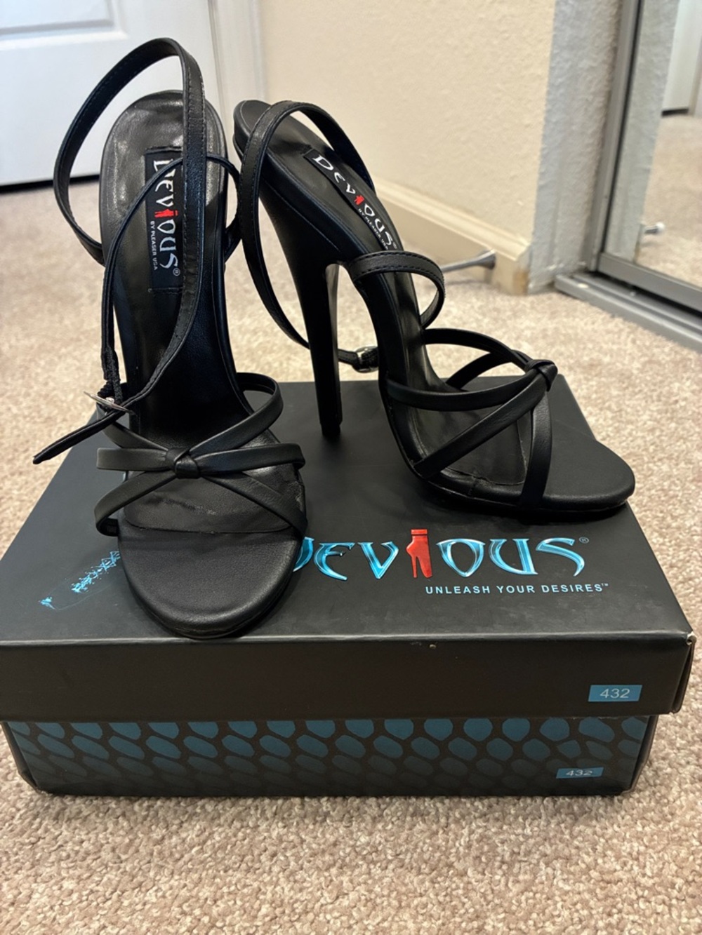 Never Worn Devious Black Strappy Stiletto Heels with Ankle Wrap